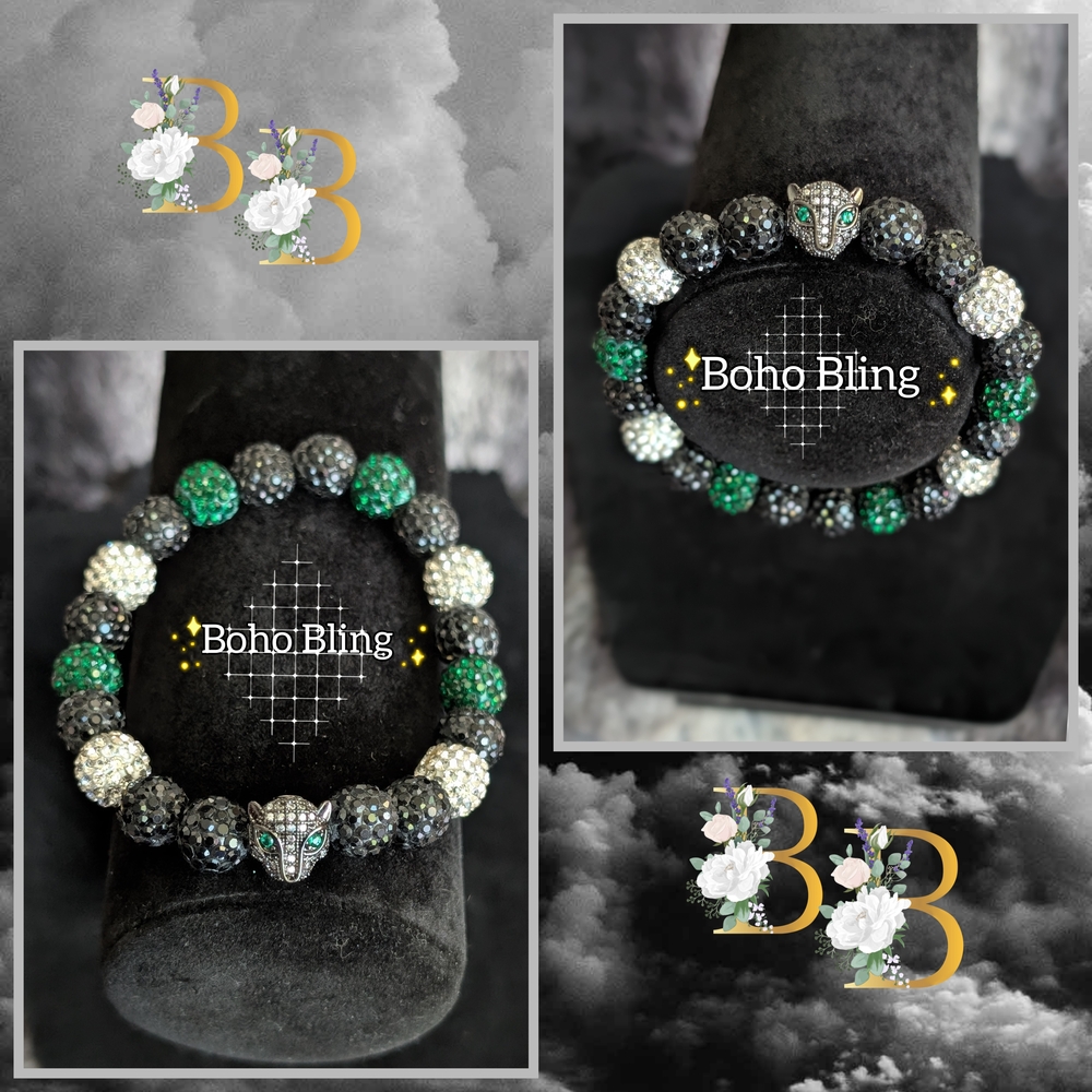 Boho Bling Emerald Green, Rhinestone & Black Beaded Bracelet